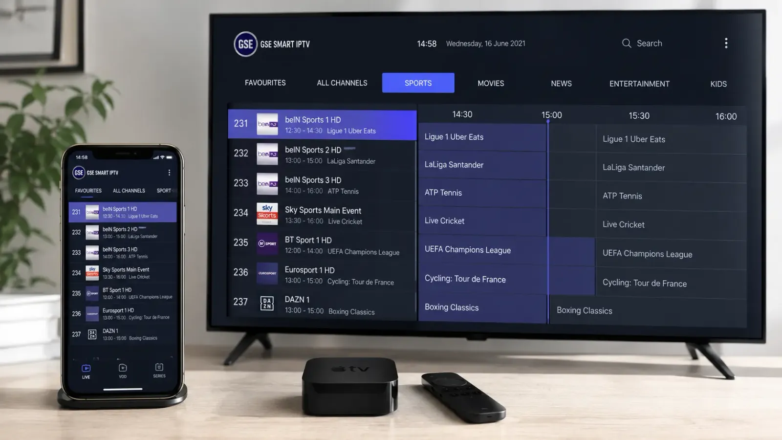 App GSE Smart IPTV ouverte sur un iPhone et une tablette Android montrant une liste de chaînes IPTV