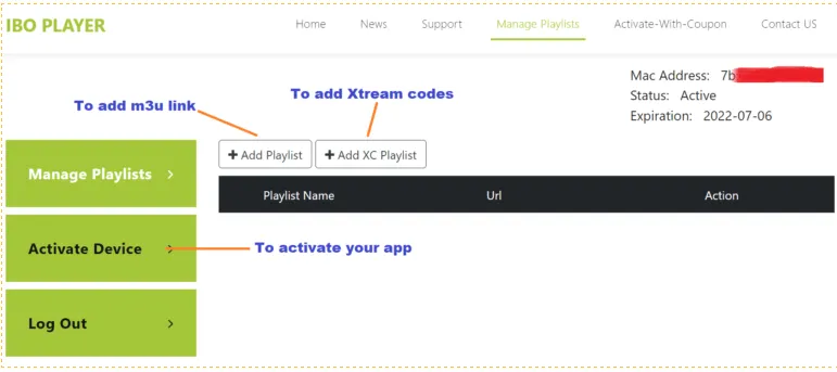 Portail web IBO avec les champs Xtream Codes et playlist M3U remplis pour un abonnement IPTV