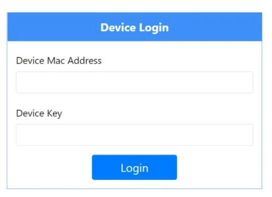 Écran de connexion du portail web IBO où l'adresse MAC et la clé d'appareil de la TV sont entrées pour activer l'IPTV