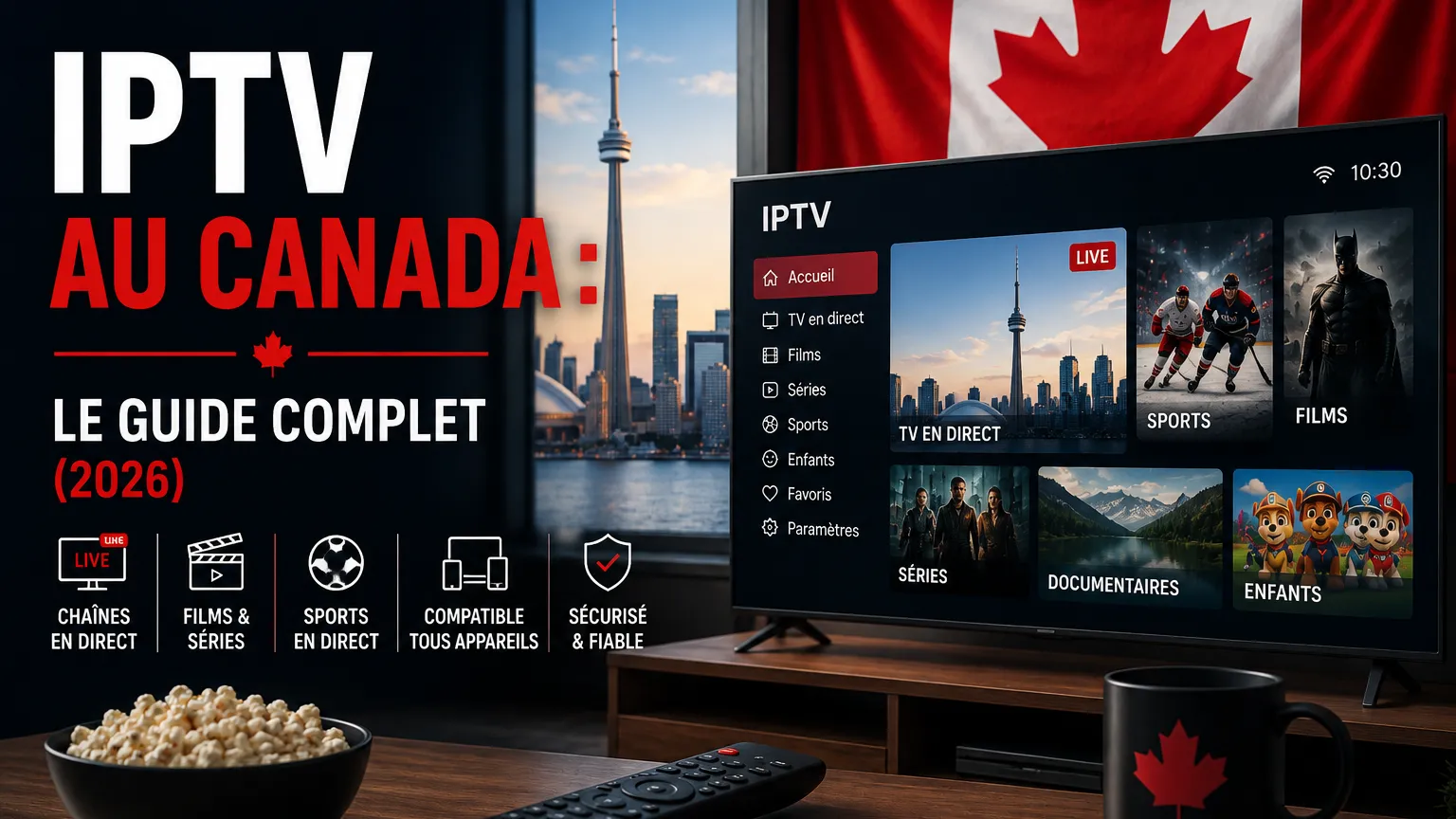 Guide de l'IPTV au Canada en 2026 montrant un appareil de streaming, une télé avec un guide de chaînes et une installation de ménage canadien
