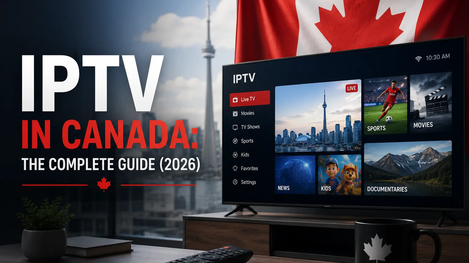 Guide to IPTV in Canada in 2026 showing a streaming device, a TV with a channel guide, and a Canadian household setup