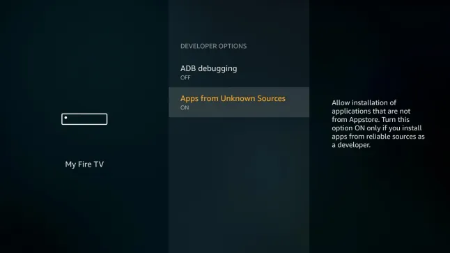 Écran des paramètres Fire TV montrant Developer Options avec Install Unknown Apps activé, l'étape requise avant de sideloader des apps IPTV sur le Firestick
