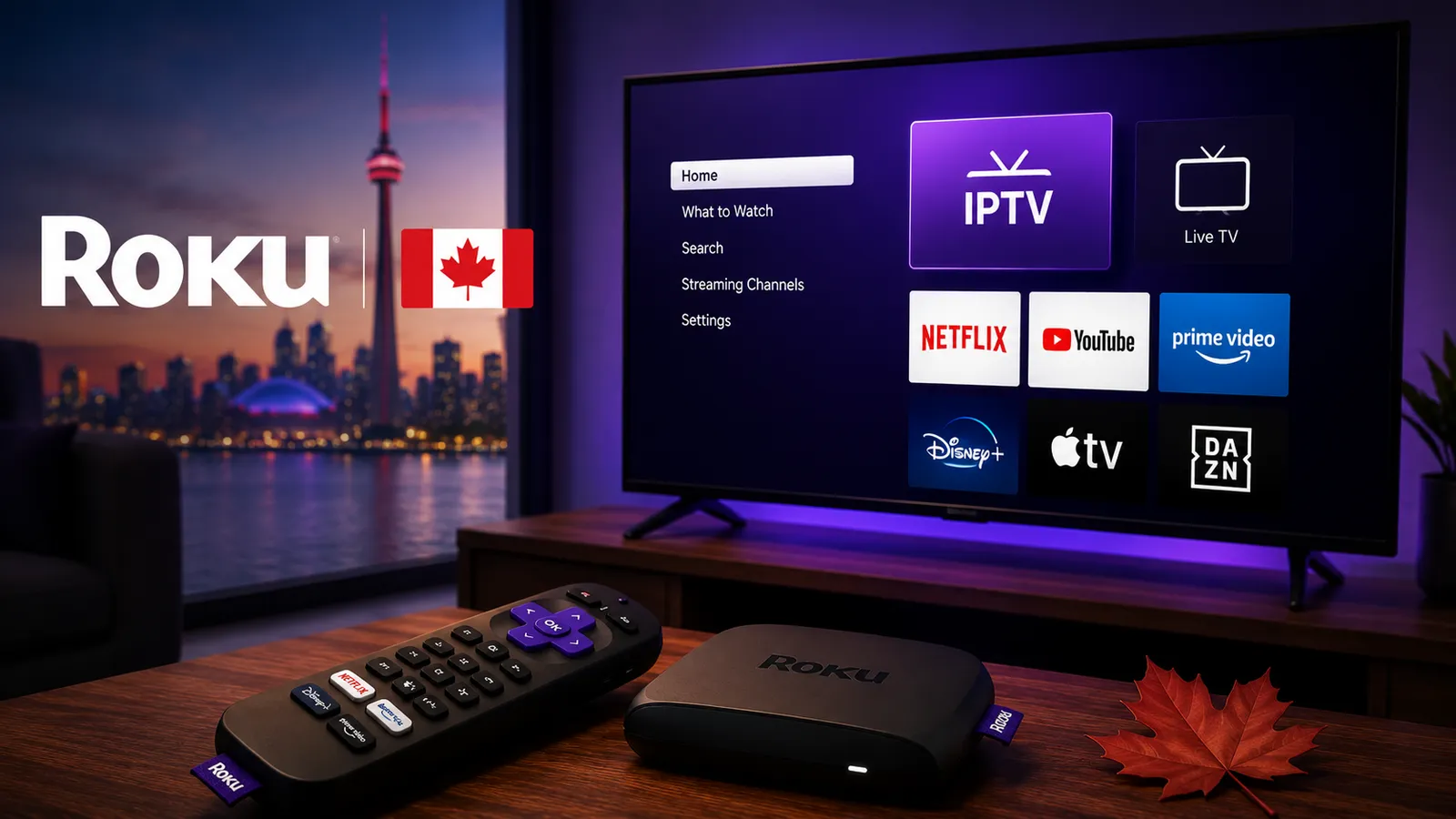 Télécommande Roku devant une télé affichant une liste de chaînes IPTV chargée par un canal lecteur M3U