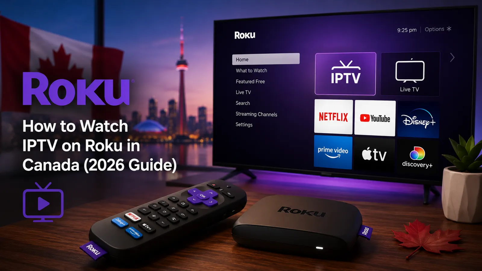 Roku remote in front of a TV showing an IPTV channel list loaded through an M3U player channel