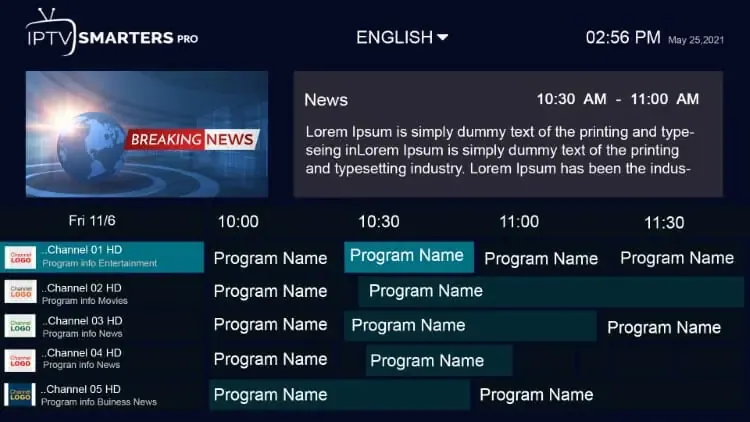 IPTV Smarters Pro EPG Time Shift and EPG Refresh settings panel, the electronic program guide configuration for IPTV Smarters Pro in Canada
