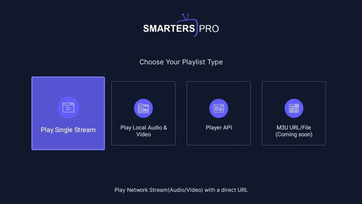 IPTV Smarters Pro first launch screen showing options to add a new user with Xtream Codes API or playlist file URL, the initial IPTV Smarters Pro setup step for Canada