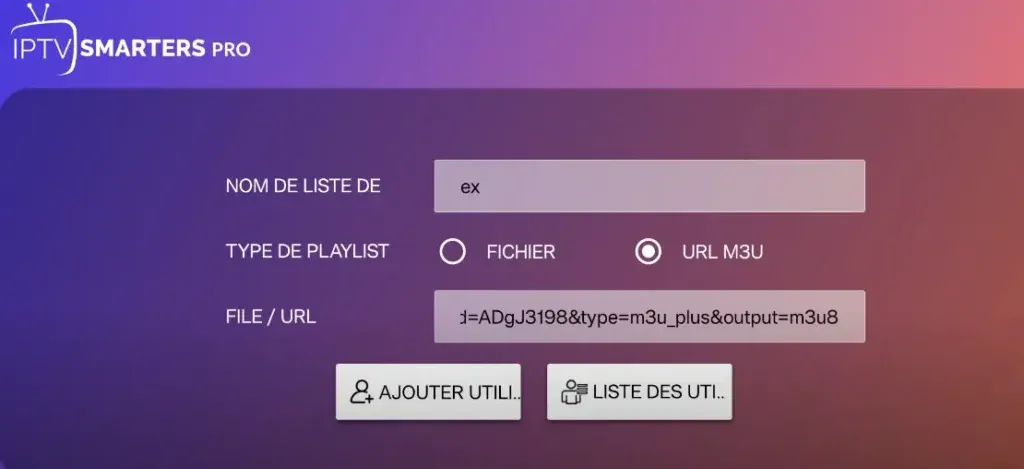 IPTV Smarters Pro playlist URL setup screen with M3U URL and EPG URL fields, the M3U loading method for IPTV Smarters Pro in Canada