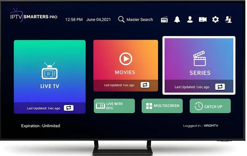 IPTV Smarters Pro main menu with Live TV, Movies, Series, TV Guide, and Catch Up sections, the main interface tour for IPTV Smarters Pro setup in Canada