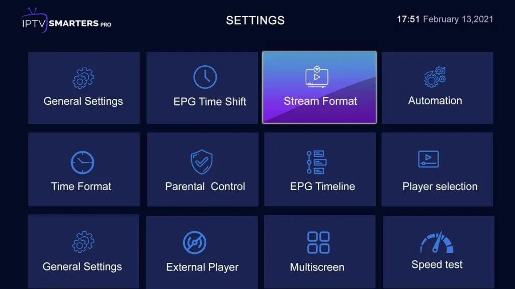IPTV Smarters Pro settings screen with Player Settings, General Settings, EPG Settings, and Parental Control sections, the settings worth changing for IPTV Smarters Pro in Canada