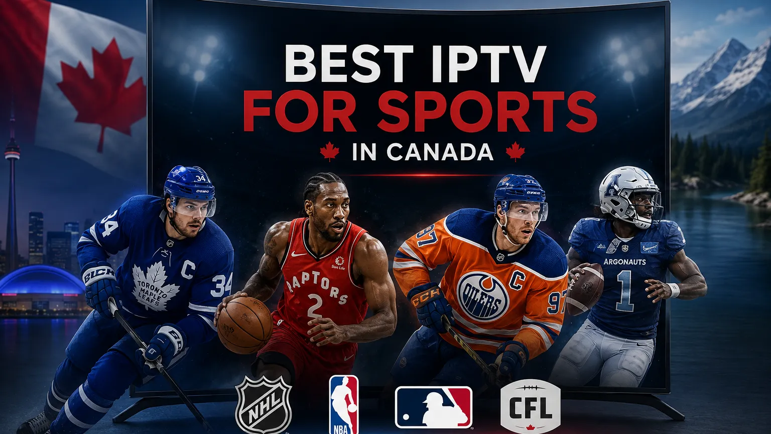Watching live hockey on a TV through an IPTV service in a Canadian living room on game night