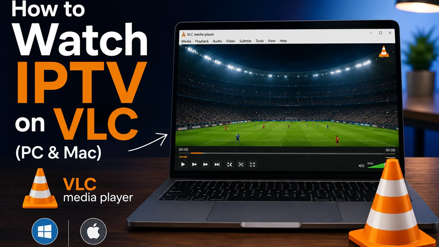 VLC Media Player on a laptop playing an IPTV channel with the playlist panel open on the right