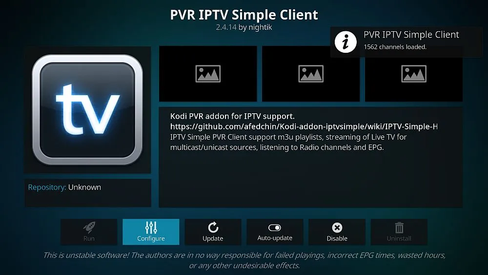Écran Paramètres de Kodi avec le PVR IPTV Simple Client mis en évidence sous les clients PVR, l'étape de configuration d'add-on pour la configuration IPTV Kodi au Canada