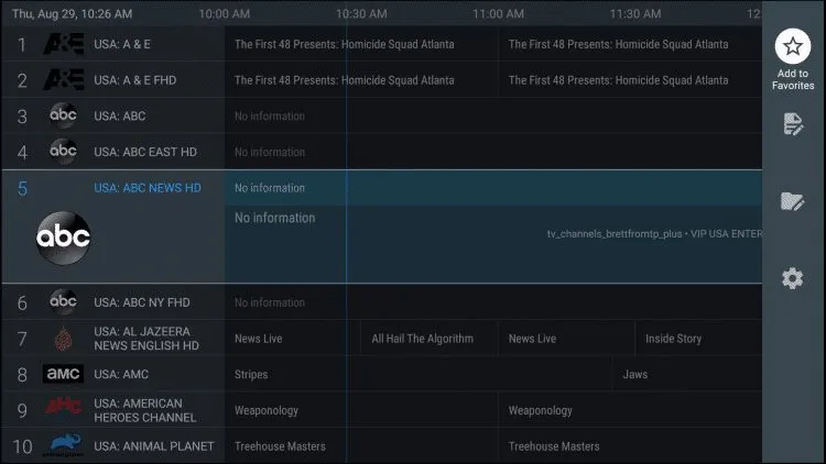 TiviMate favorites category at the top of the channel list showing starred channels, the personal channel grouping for TiviMate IPTV setup in Canada